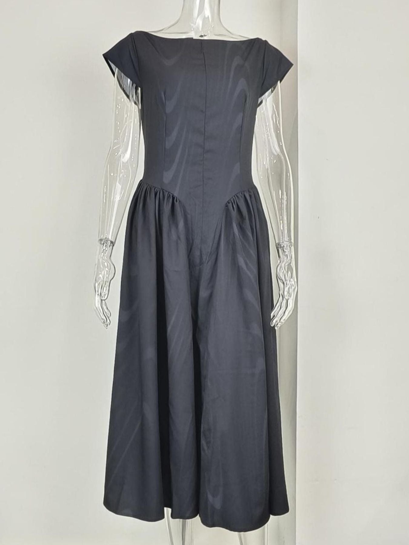 Satin Boat Neck Cap Sleeve Fit and Flare Midi Dress 11