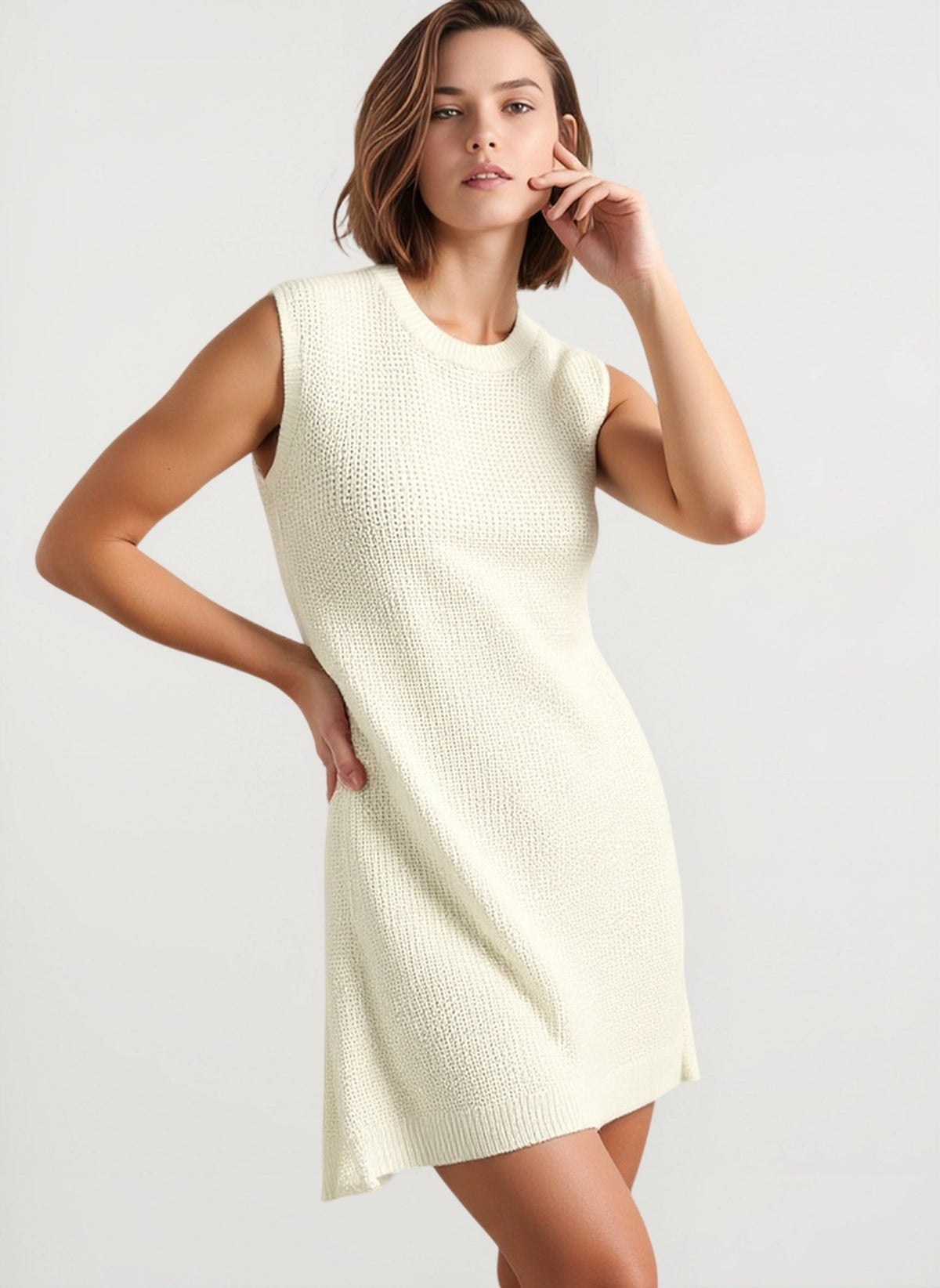 Sleeveless Crew Neck Textured Knit Side Slit Mini Sweater Dress 3
