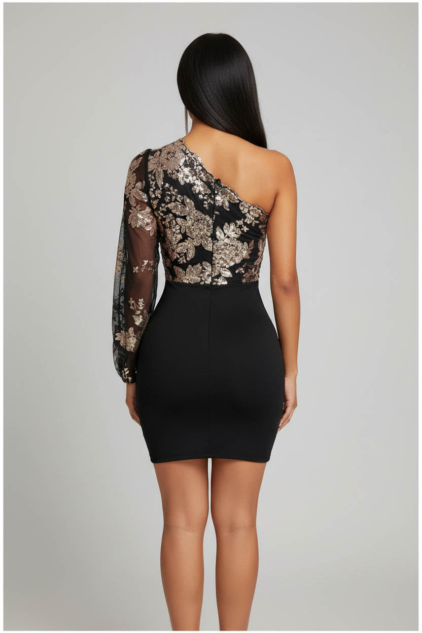 Floral Sequin One Shoulder Long Sleeve Bodycon Mini Dress