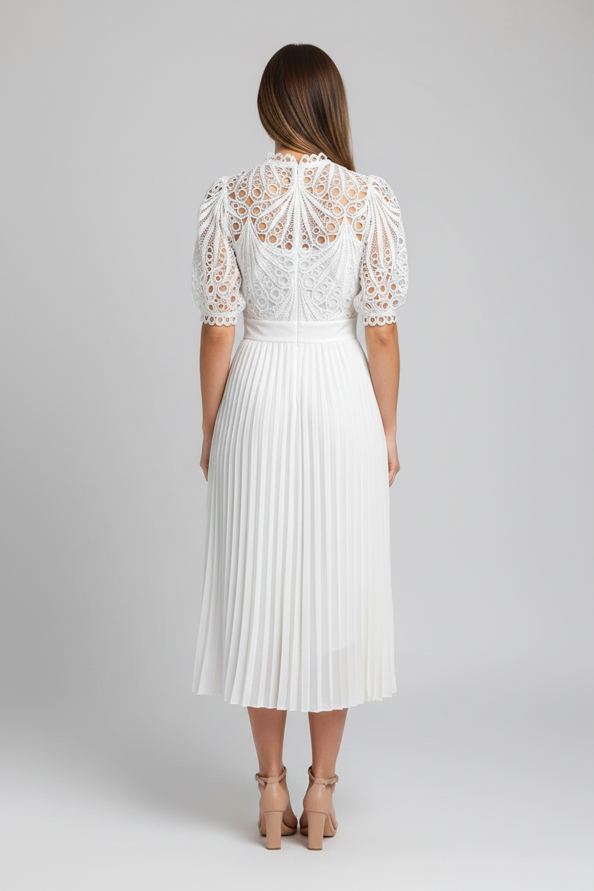 Elegant Pleated Lace Wedding Guest Dress with Cap Sleeves & Midi Lengt