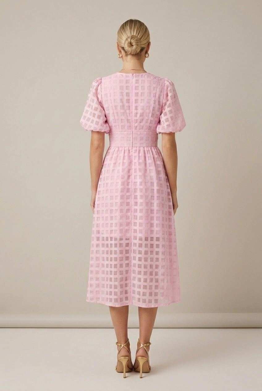Check V-Neck Puff Sleeve Button Front Midi Dress 2