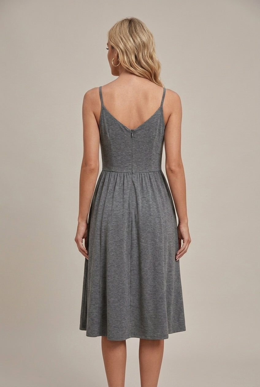 V-Neck Spaghetti Strap Ruched Fit and Flare Midi Dress 3