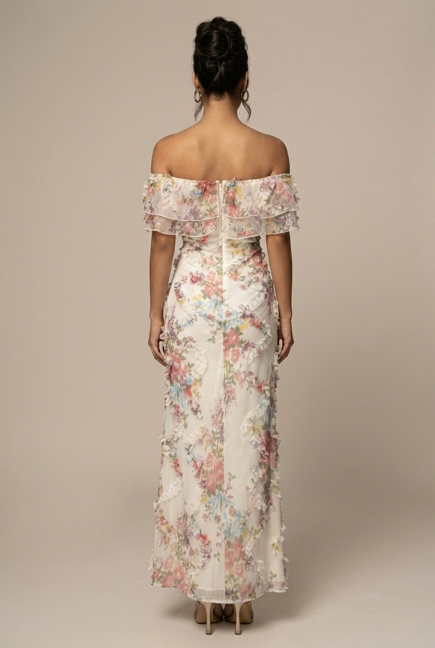 Floral Off Shoulder Ruffle Maxi Dress Wedding Guest 4