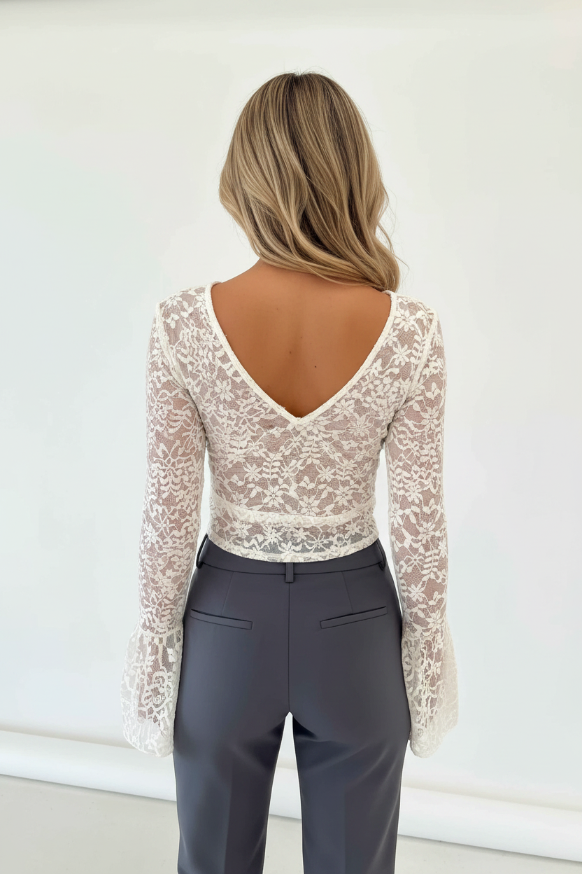 Elegant Romantic Lace Women's Top with Sheer Sleeves and Soft Lining