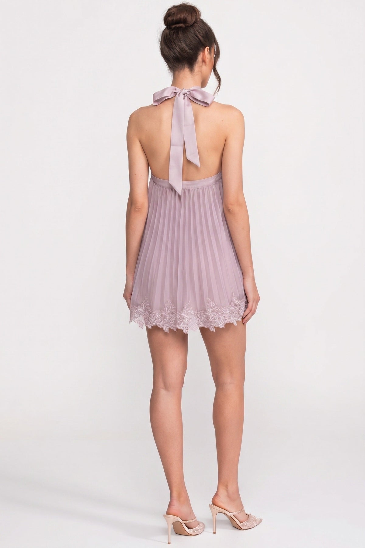 Halter Neck Pleated Chiffon Lace Trim Trapeze Mini Dress 6