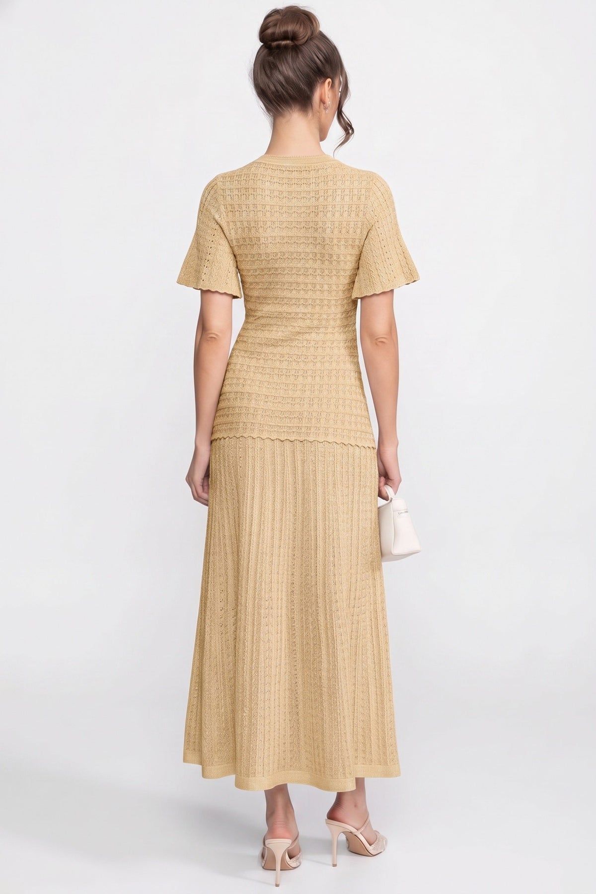 Crew Neck Flutter Sleeve Button Front Pointelle Knit Maxi Dress 6