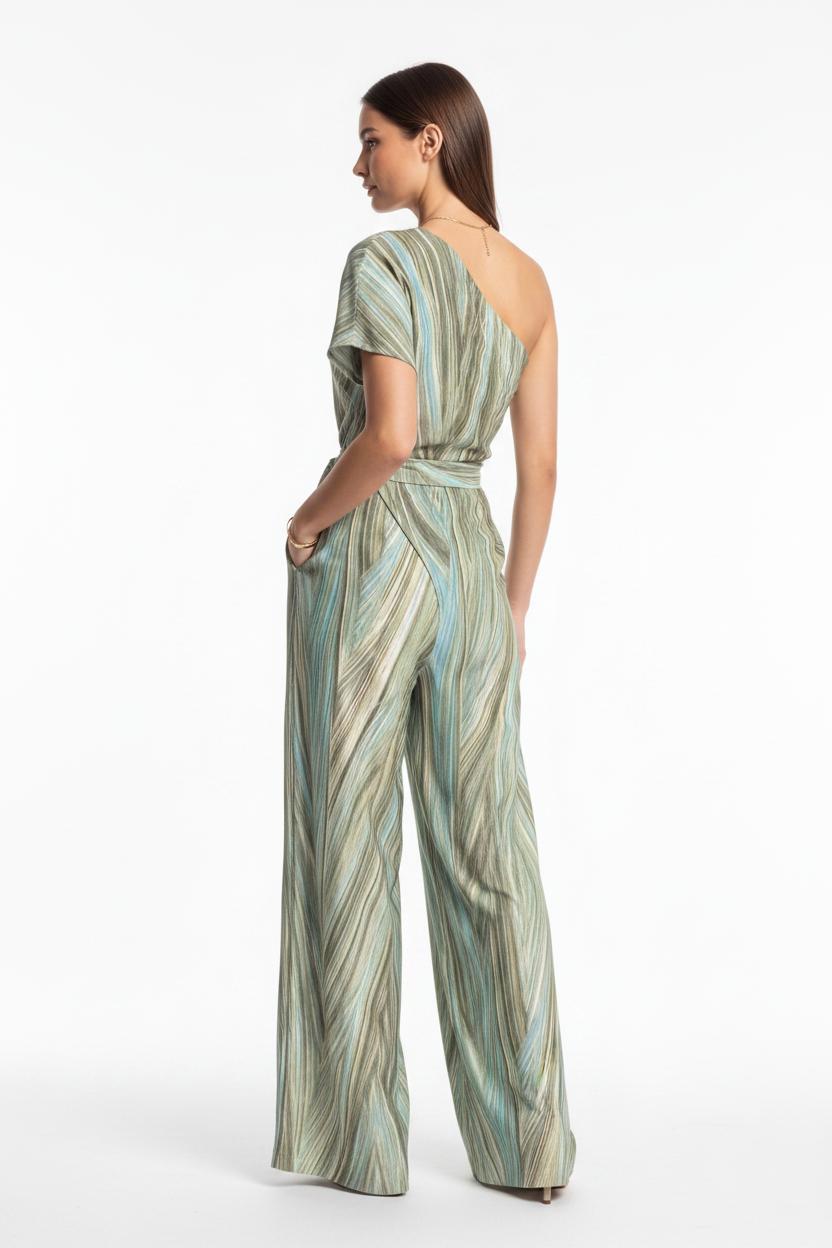 Elegant Abstract Print Wide Leg Jumpsuit with Pockets and Belted Waist