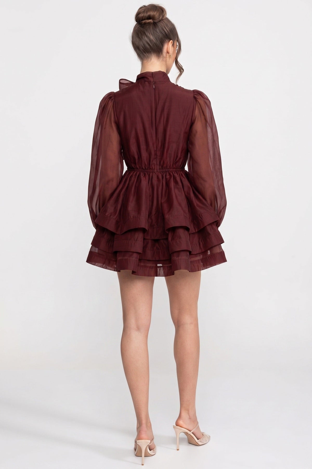 Bow Tie Neck Sheer Puff Sleeve Organza Tiered Ruffle Mini Dress 7