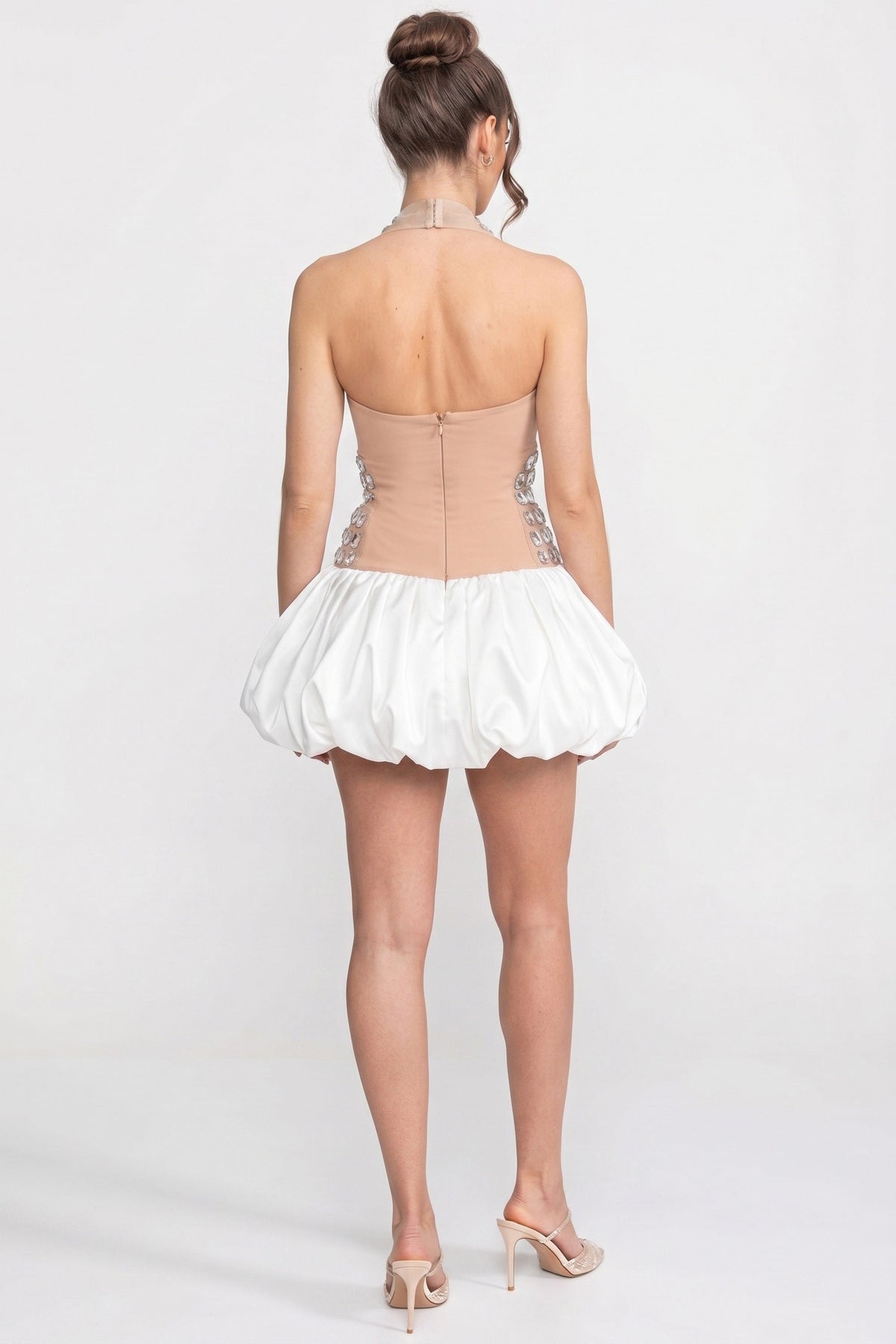 Rhinestone Embellished Mesh Halter Deep V-Neck Bubble Hem Mini Dress 7