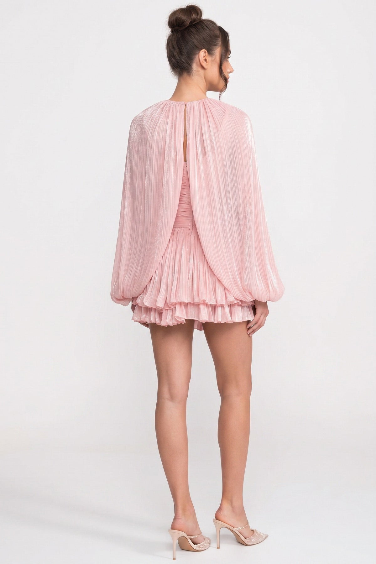 High Neck Keyhole Cut Out Pleated Cape Sleeve Ruched Mini Dress - View 10
