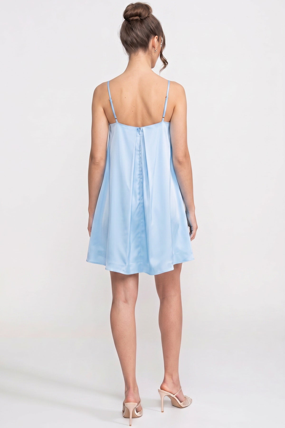 Satin Floral Embroidered Square Neck Spaghetti Strap A-Line Mini Dress 7