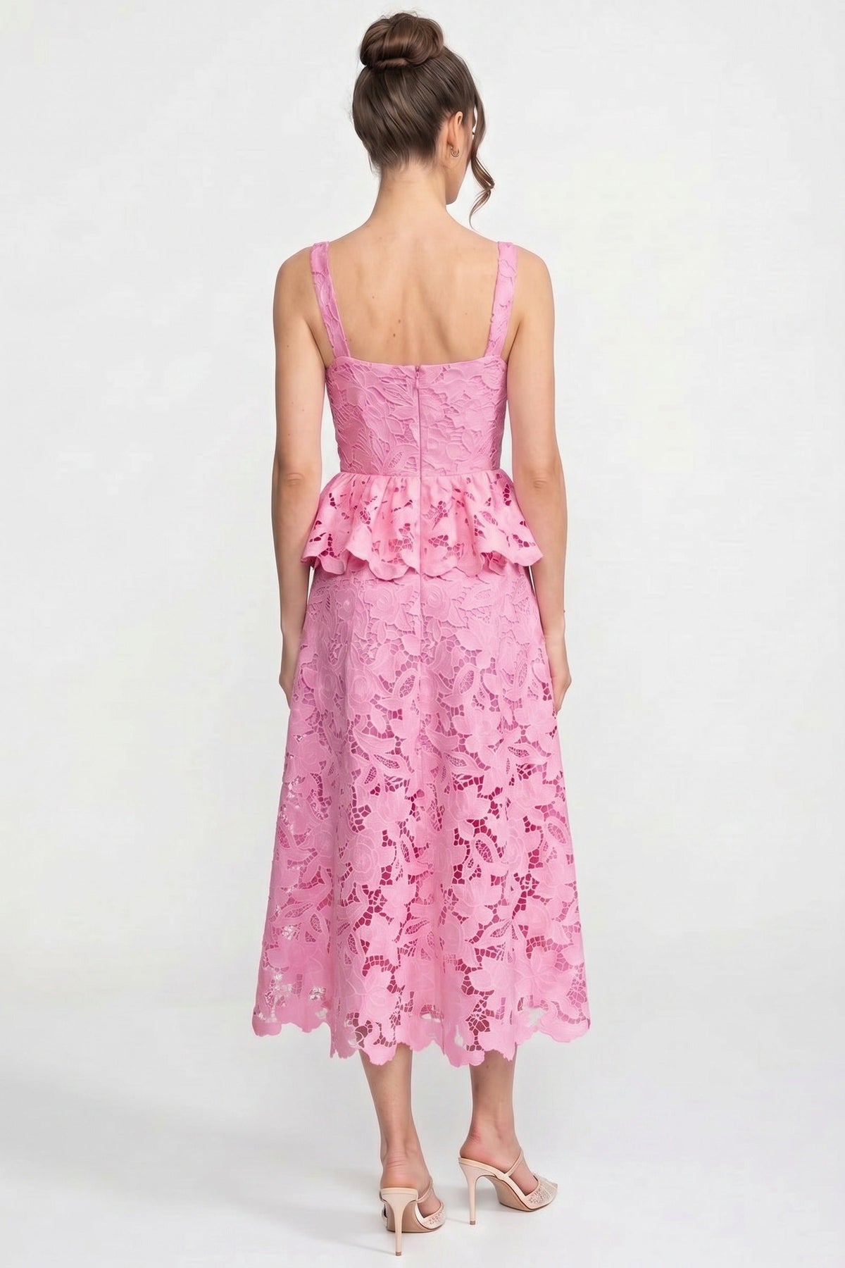 Lace Square Neck Sleeveless Button Front Scalloped Peplum Midi Dress 4