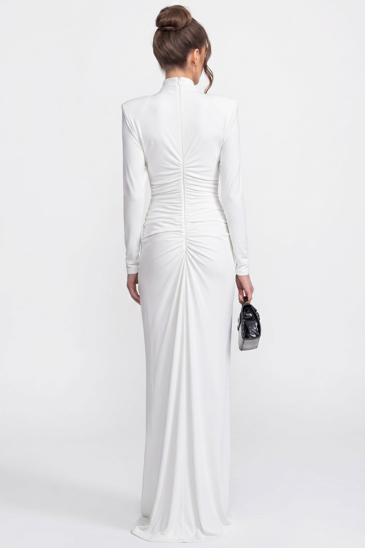 Mock Neck Long Sleeve Heart Panel Ruched Draped Maxi Gown 6