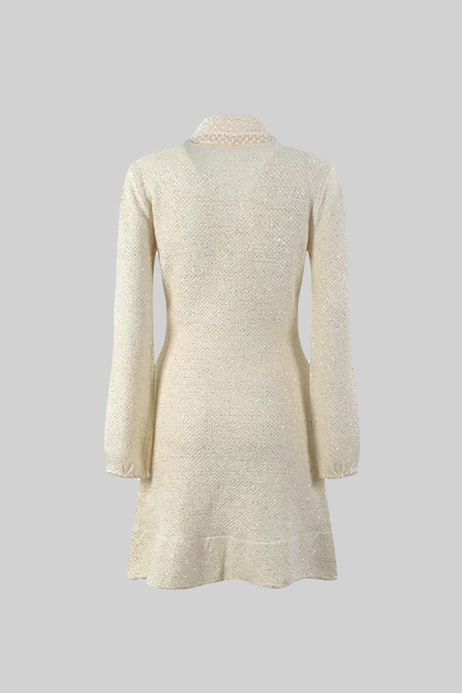 Tweed Pearl Collar Metallic Button Patch Pocket Ruffle Hem Long Sleeve Mini Dress - View 14