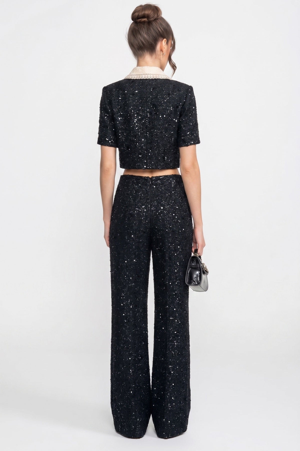 Sequin Tweed Wide Leg High Waist Dress Pants - View 4