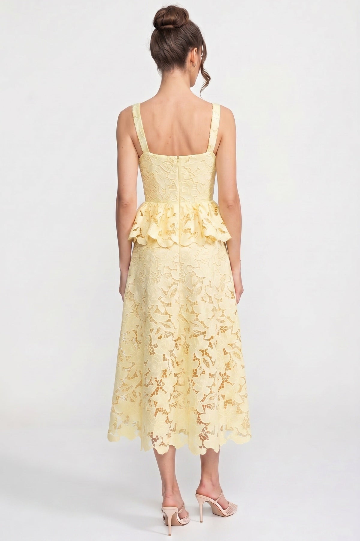 Square Neck Button Front Scallop Lace Peplum Midi Dress 10