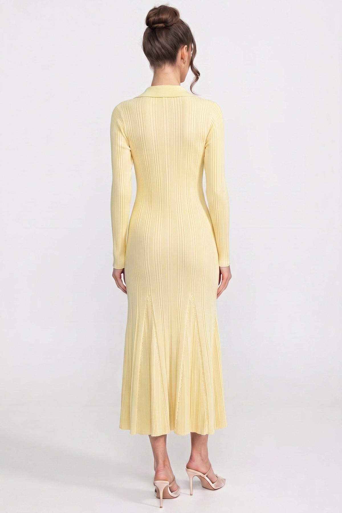 Collared Long Sleeve Button Front Ribbed Knit Flap Pocket Flare Midi Dress 5