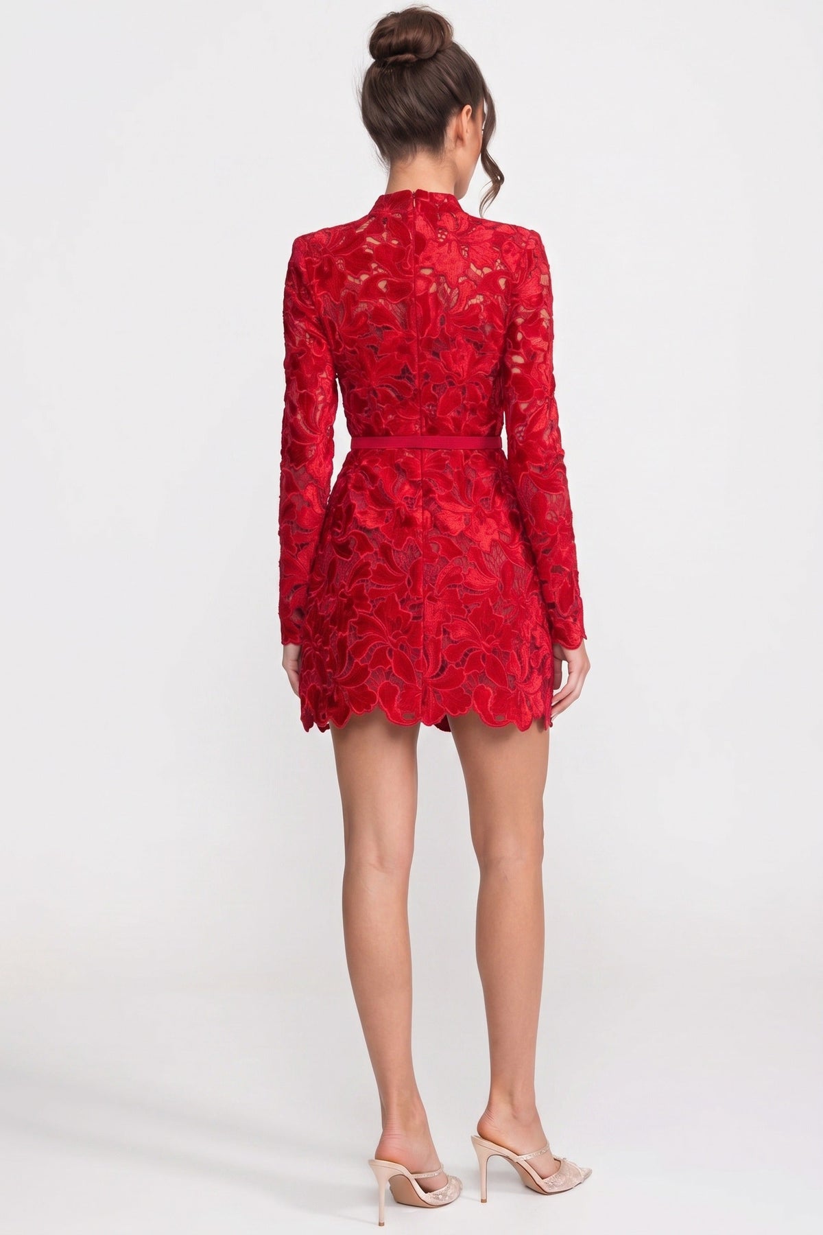 Mock Neck Long Sleeve Floral Lace Scalloped Hem Mini Dress 7