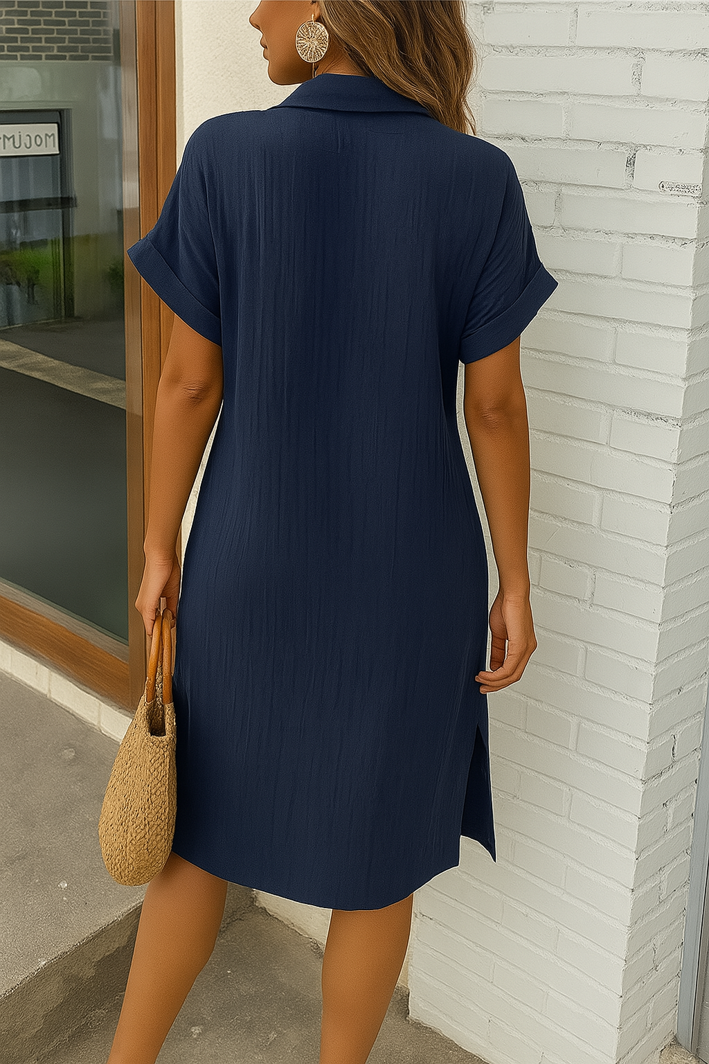 Textured Gauze Button Front Short Sleeve Shirt Dress