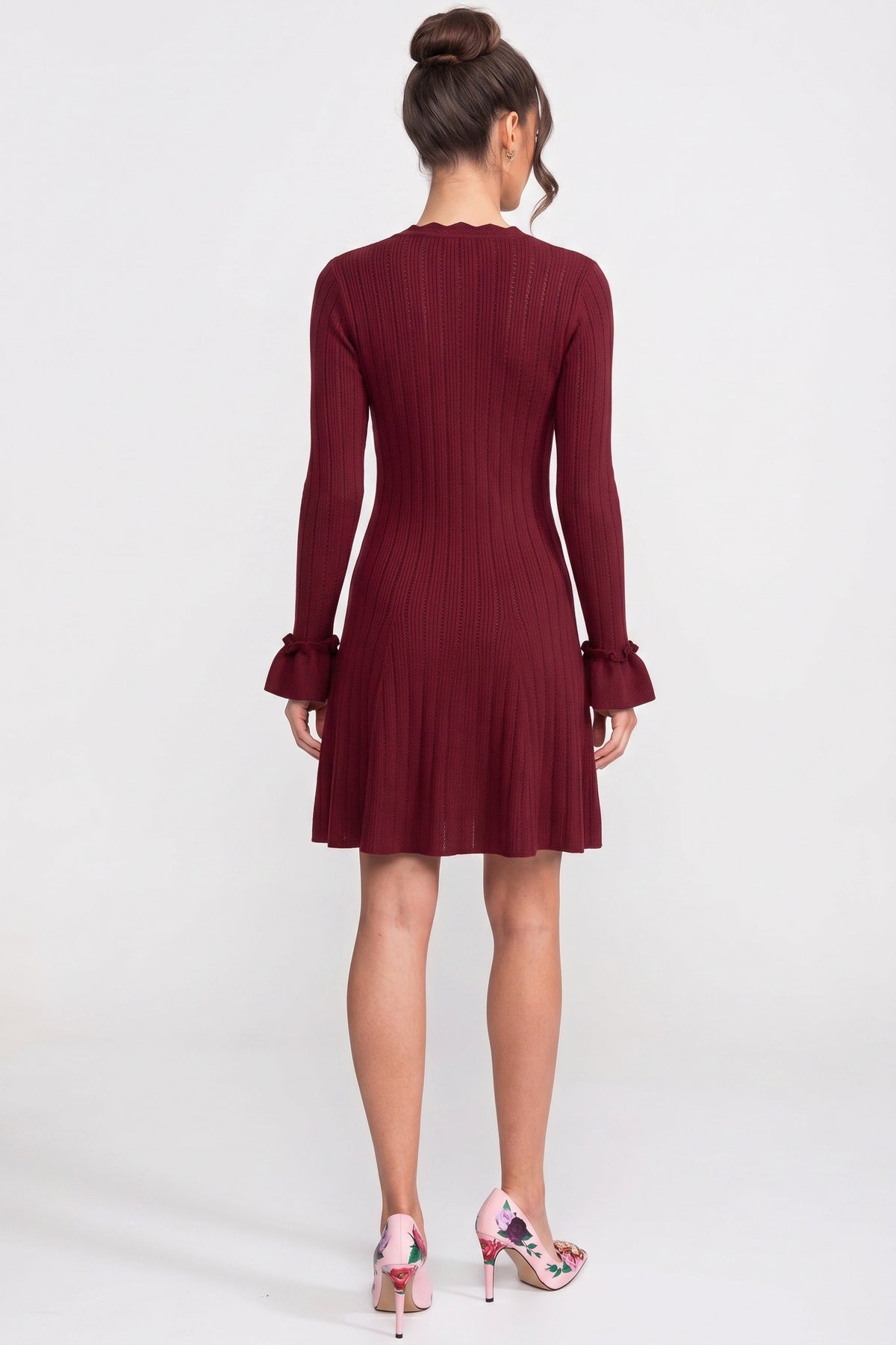 Scalloped V-Neck Long Sleeve Ruffle Cuff Ribbed Knit Flare Mini Dress 5