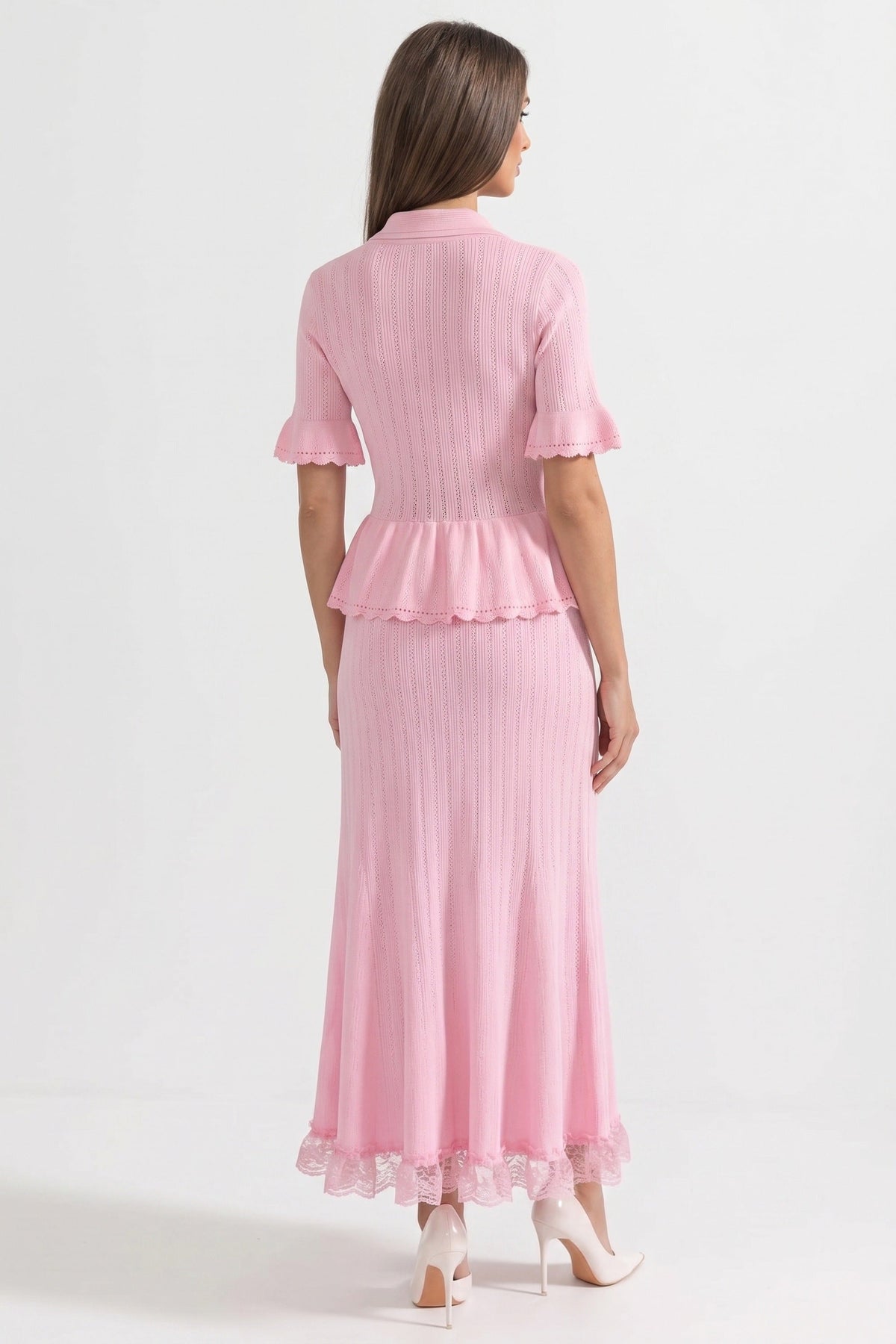 Polo Collar Short Sleeve Pointelle Knit Peplum Lace Hem Maxi Dress 3