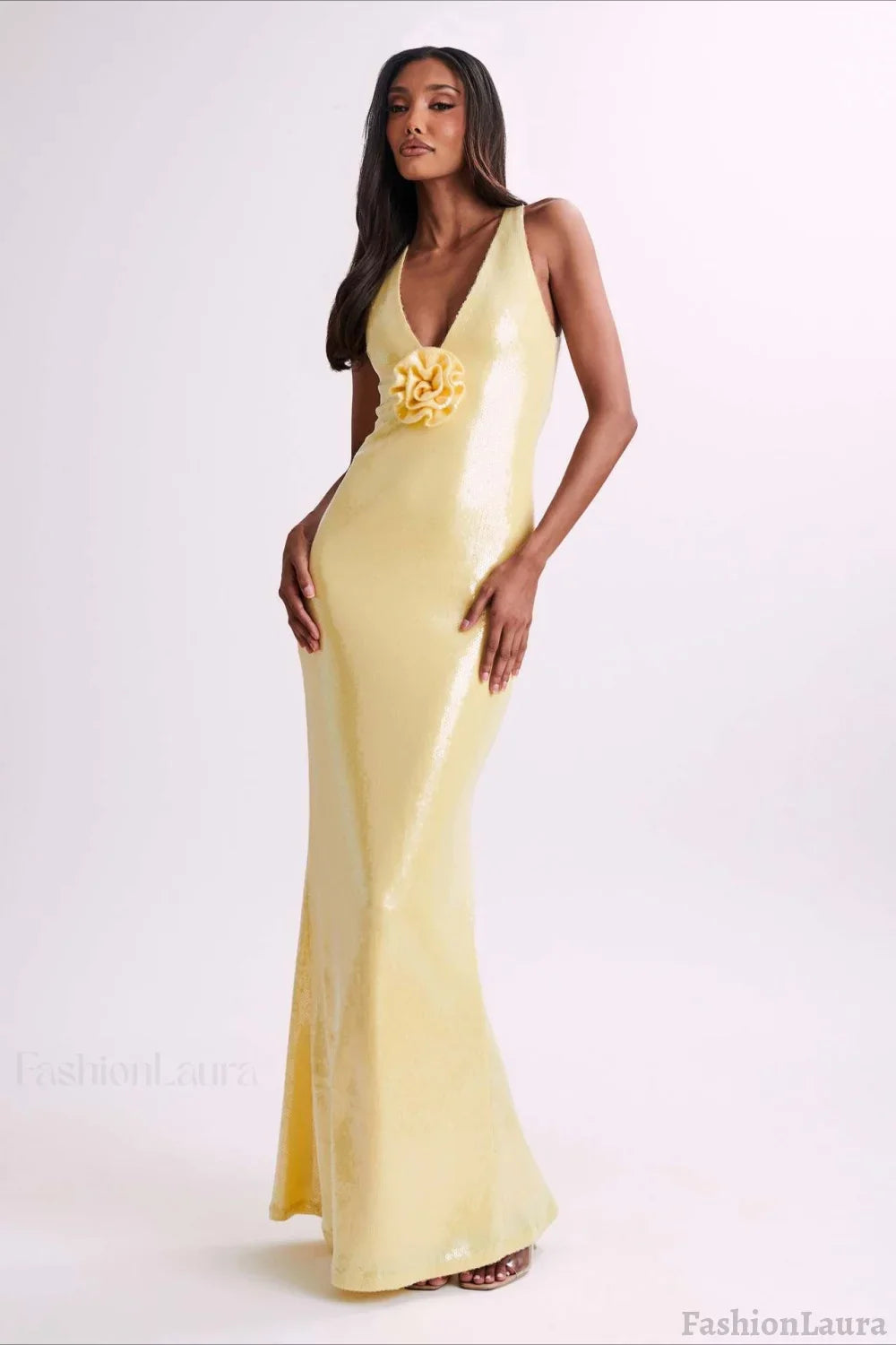 Backless Floral Sequin Maxi Dress S / Yellow