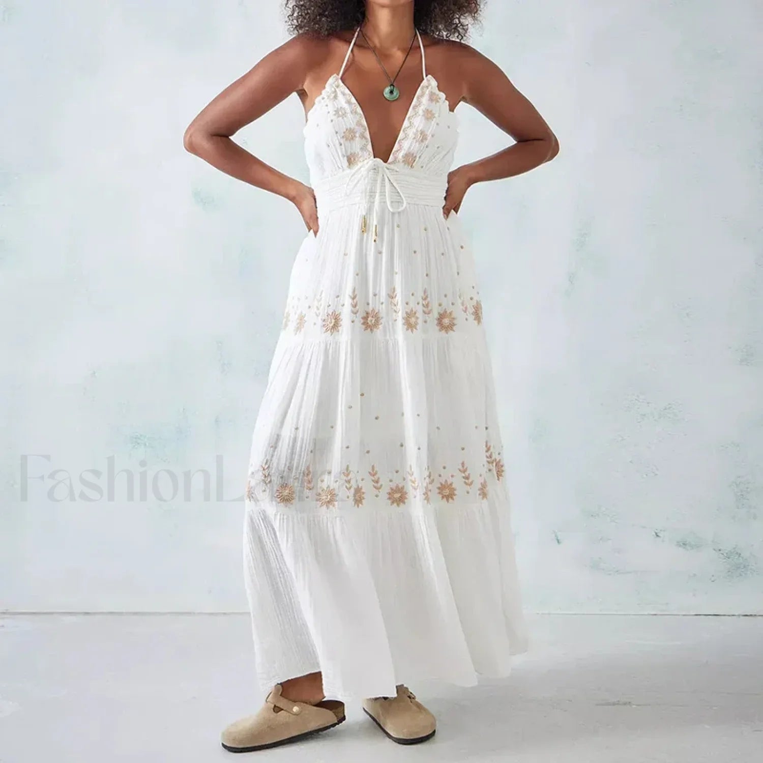 Backless Halter Embroidery Boho Dress