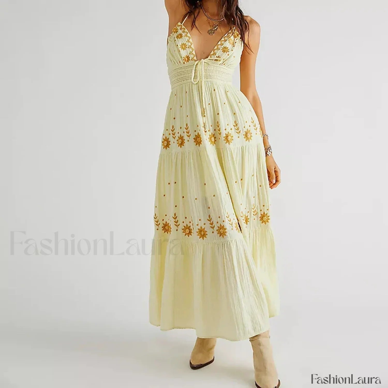 Backless Halter Embroidery Boho Dress