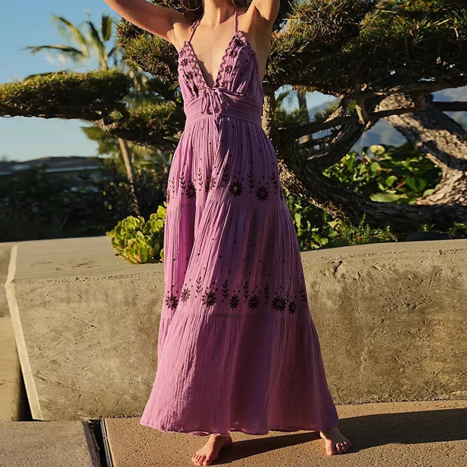 Backless Halter Embroidery Boho Dress