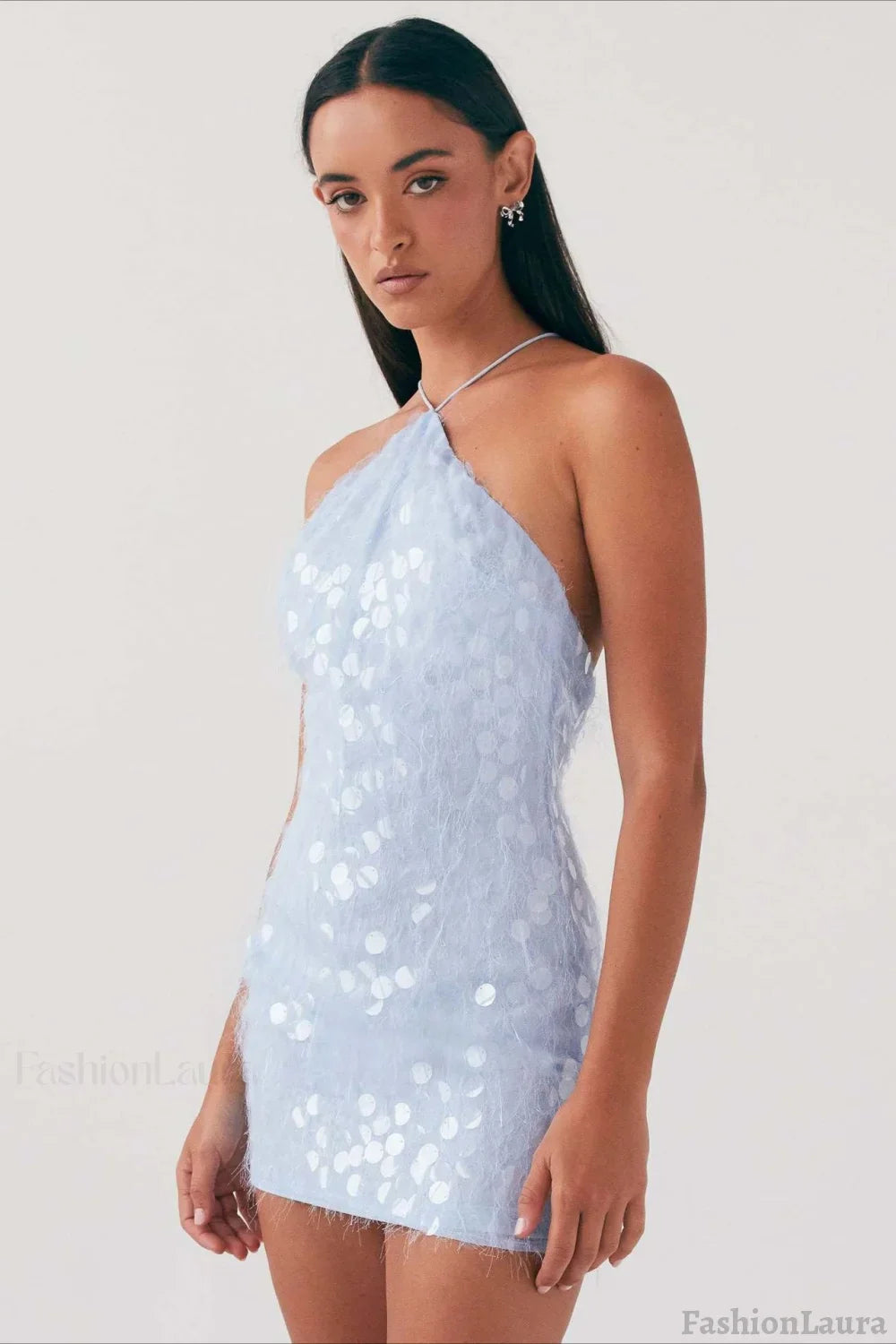 Backless Halter Sequin Lace Up Party Dress XS / Blue