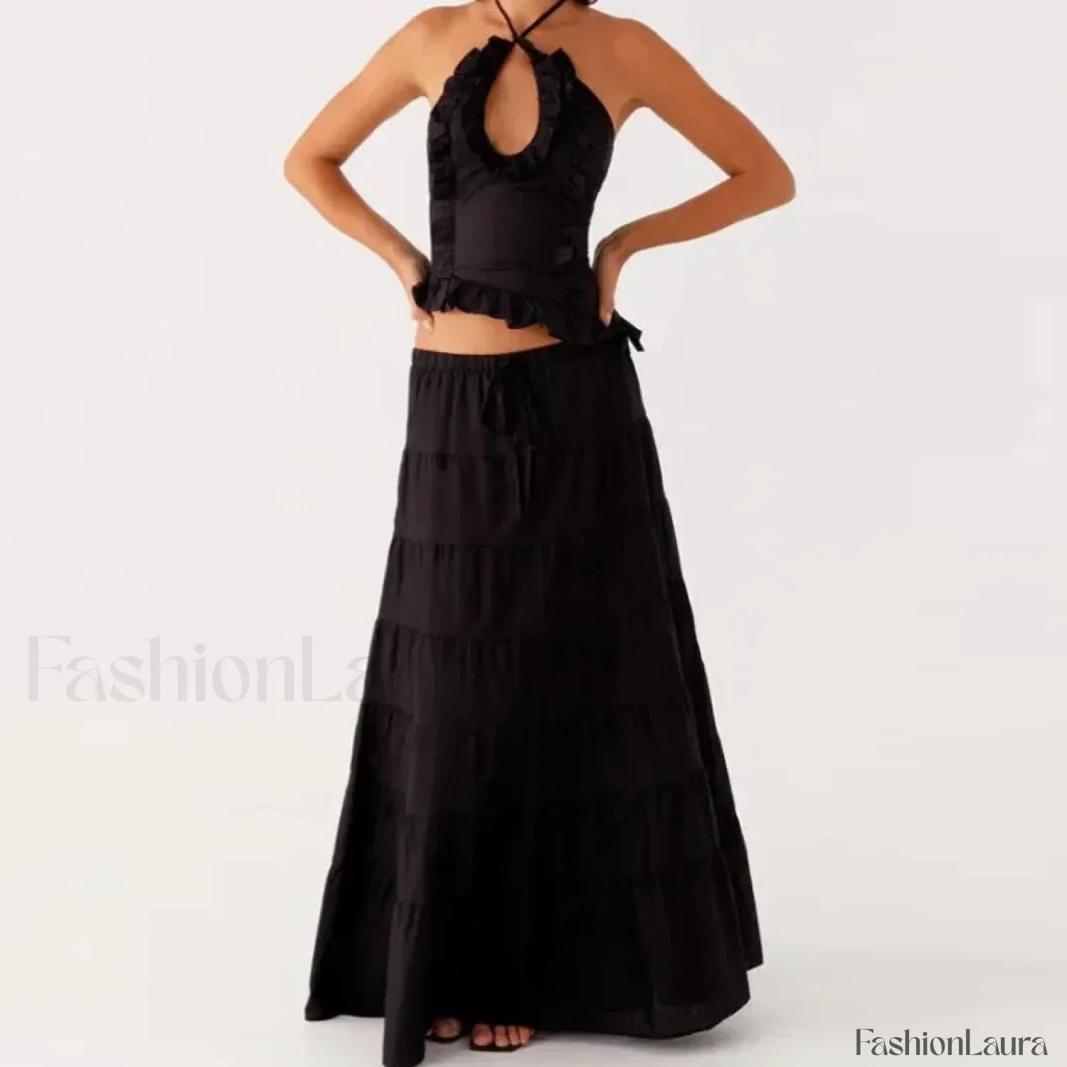Backless Halter Tiered Skirt Two Piece Set