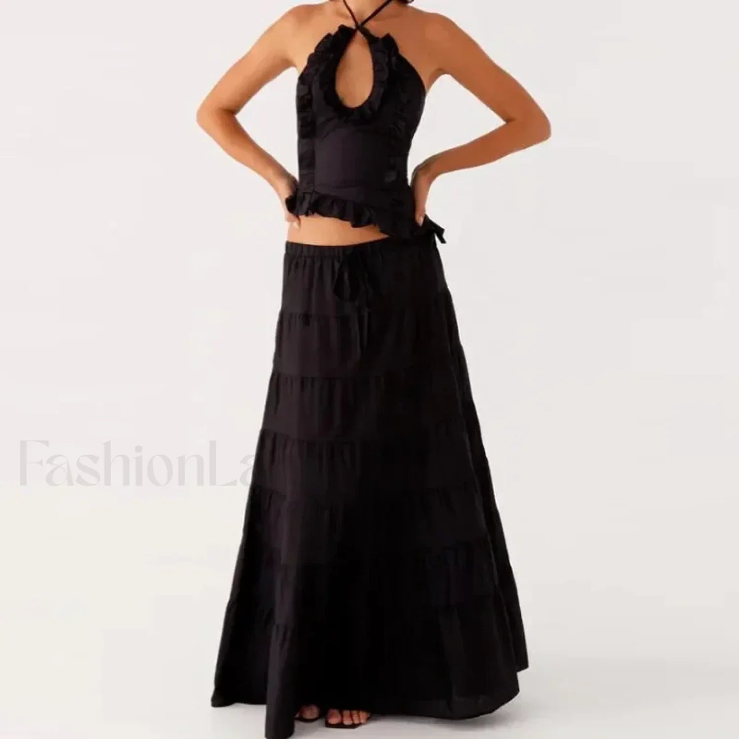 Backless Halter Tiered Skirt Two Piece Set