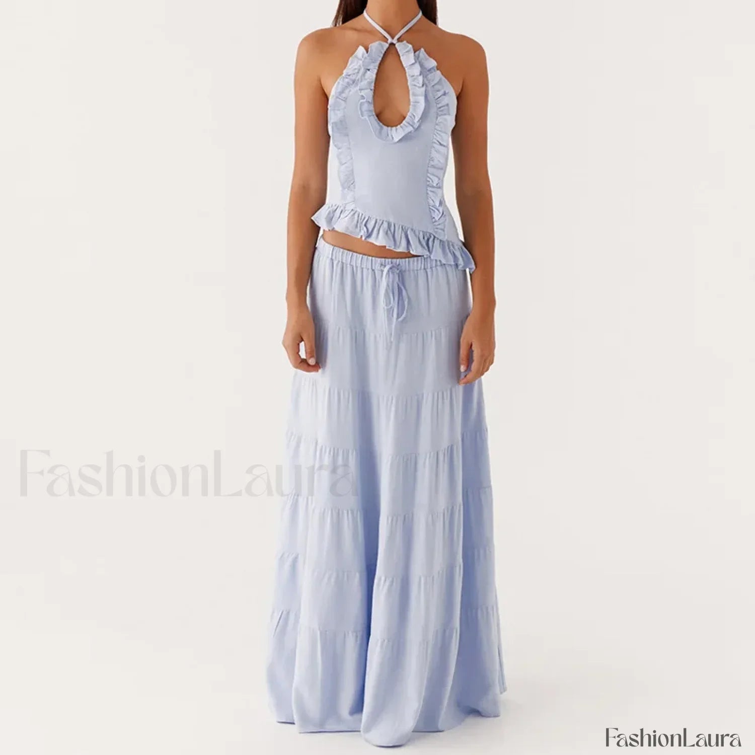 Backless Halter Tiered Skirt Two Piece Set