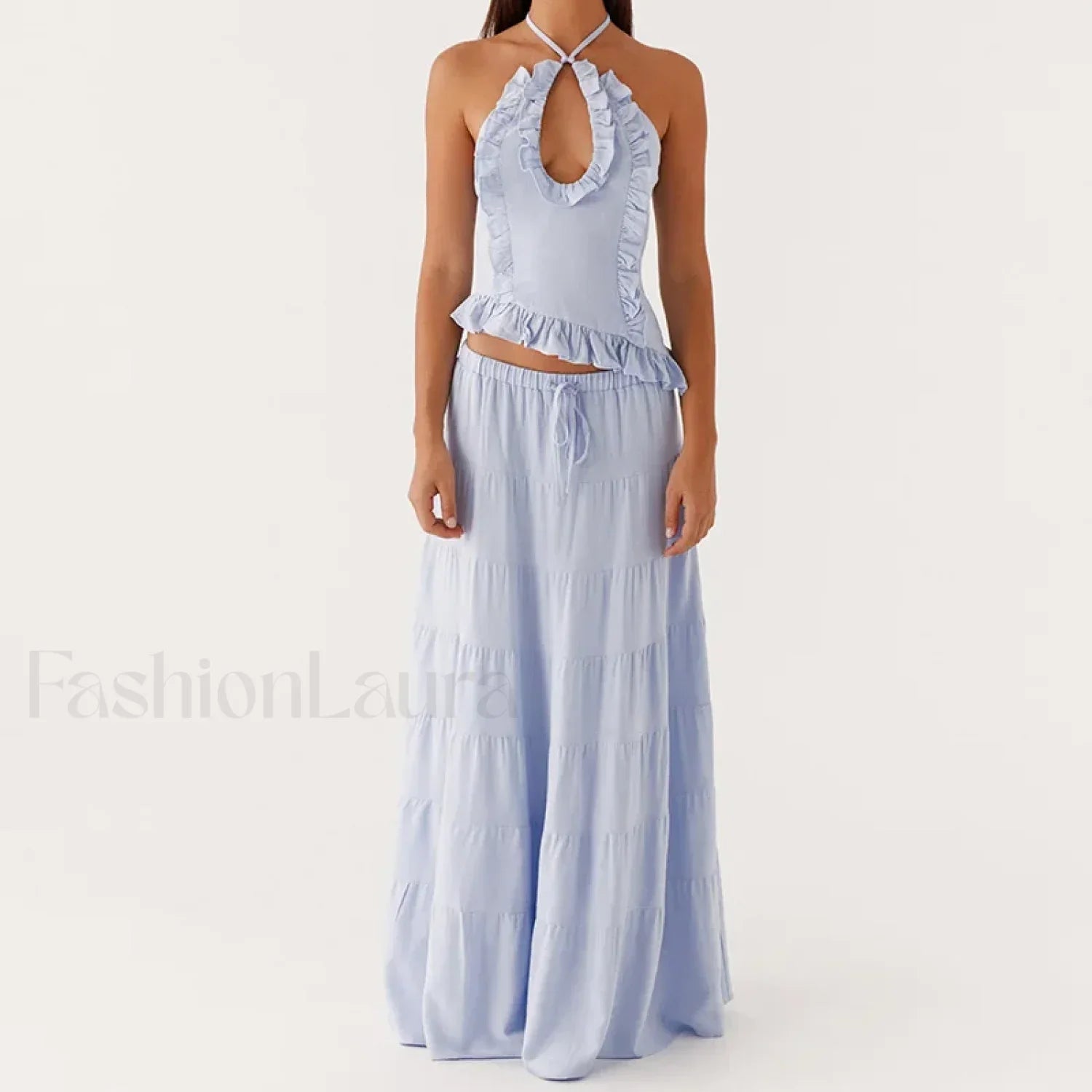 Backless Halter Tiered Skirt Two Piece Set Blue / S