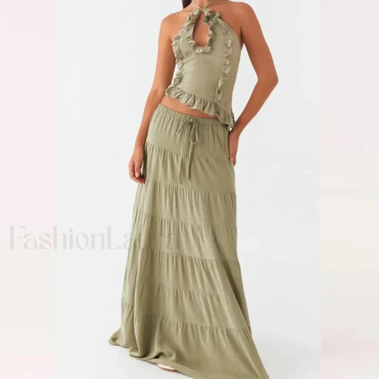 Backless Halter Tiered Skirt Two Piece Set green / S