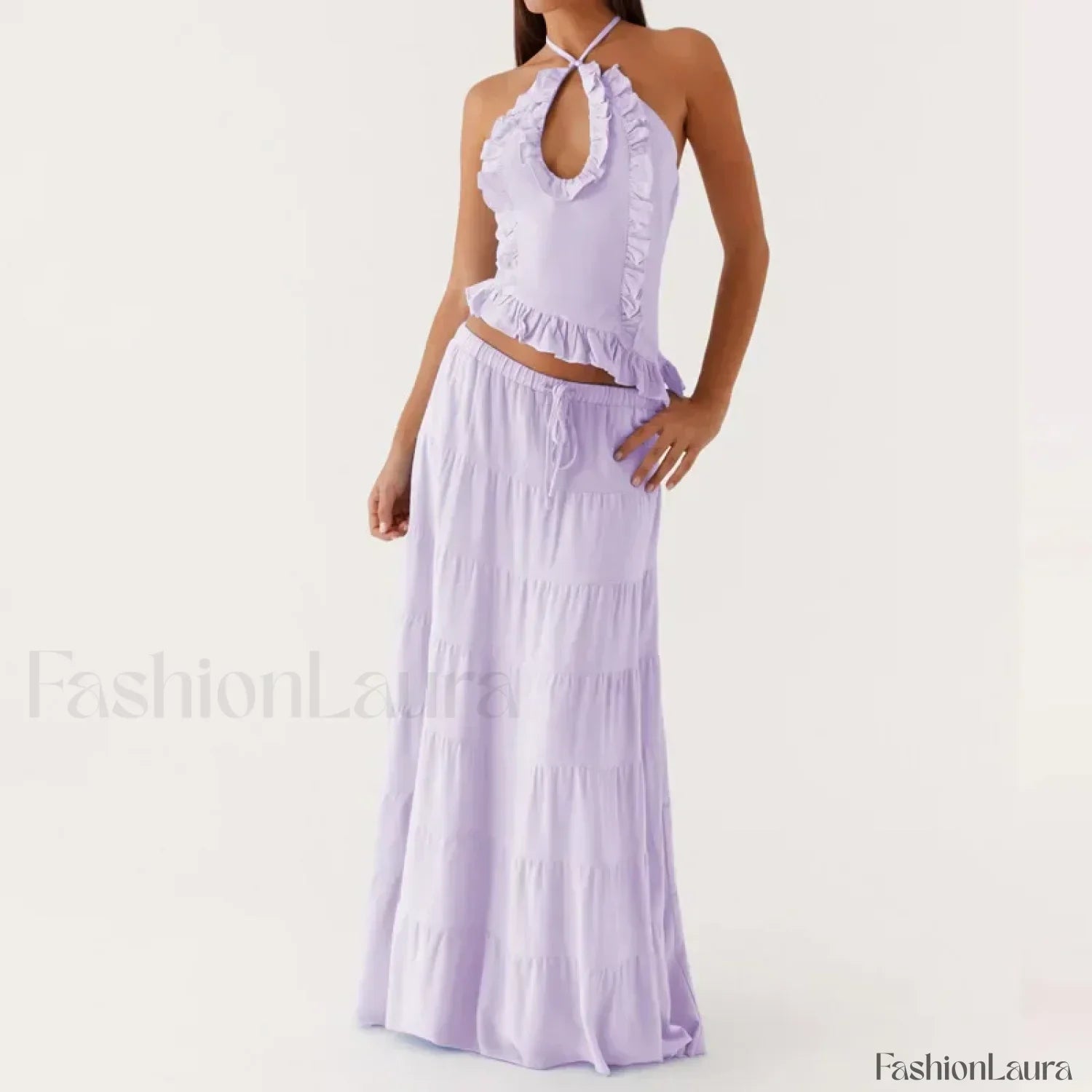 Backless Halter Tiered Skirt Two Piece Set