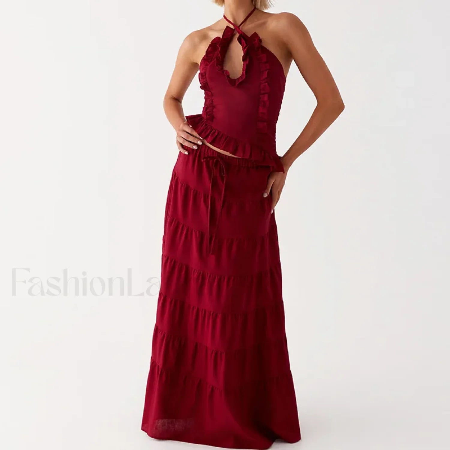 Backless Halter Tiered Skirt Two Piece Set Red / S