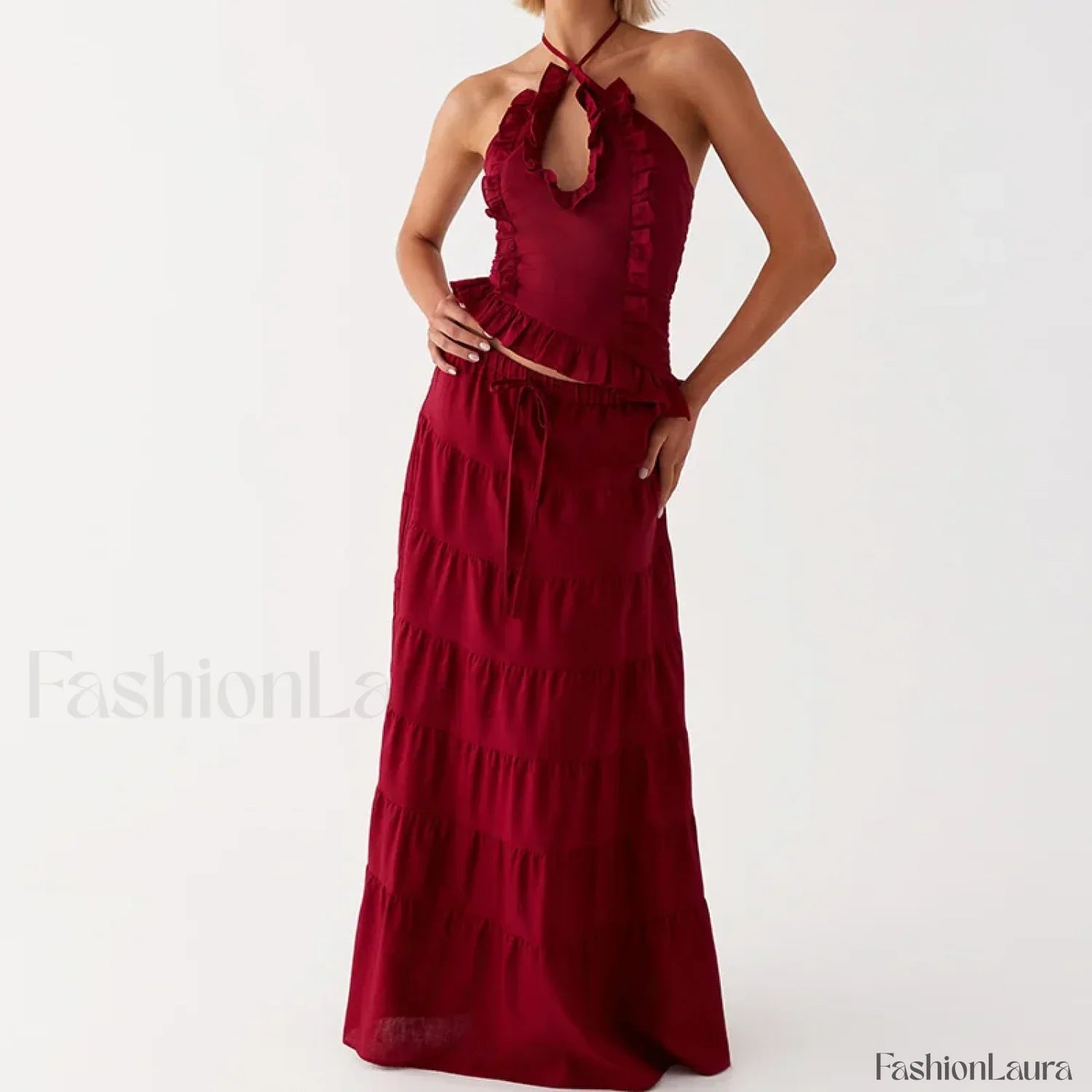 Backless Halter Tiered Skirt Two Piece Set