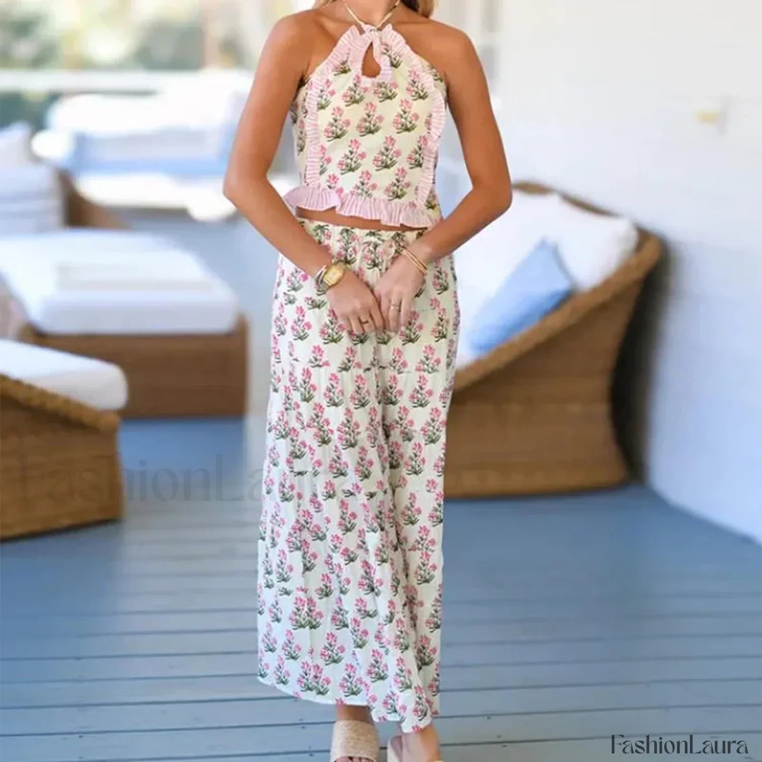 Backless Halter Tiered Skirt Two Piece Set