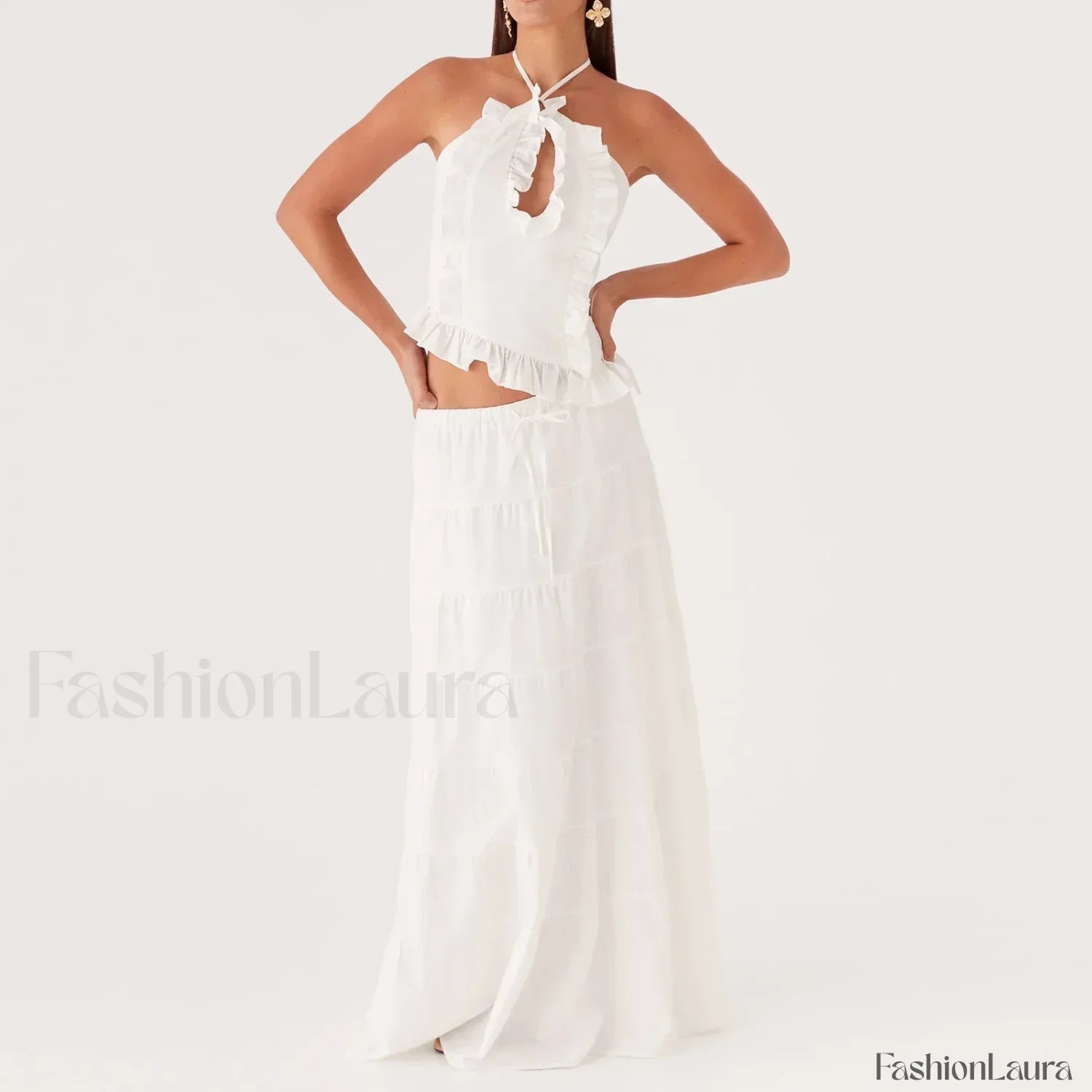 Backless Halter Tiered Skirt Two Piece Set