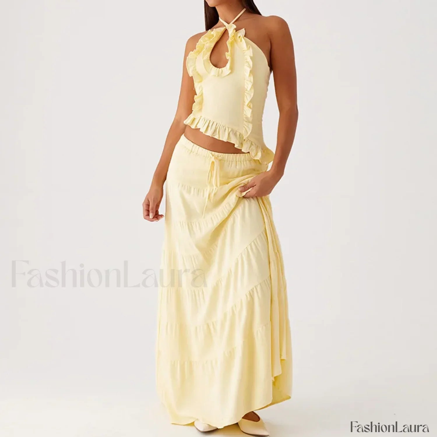 Backless Halter Tiered Skirt Two Piece Set