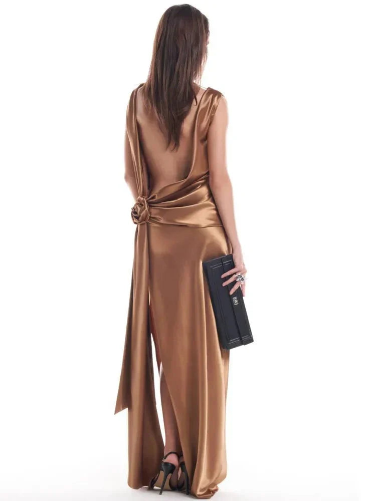 Backless Satin Draped Rosette Maxi Gown 14