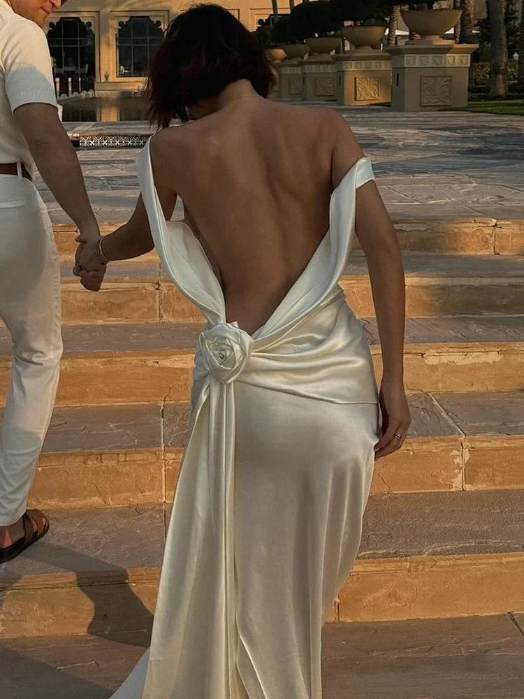 Backless Satin Draped Rosette Maxi Gown