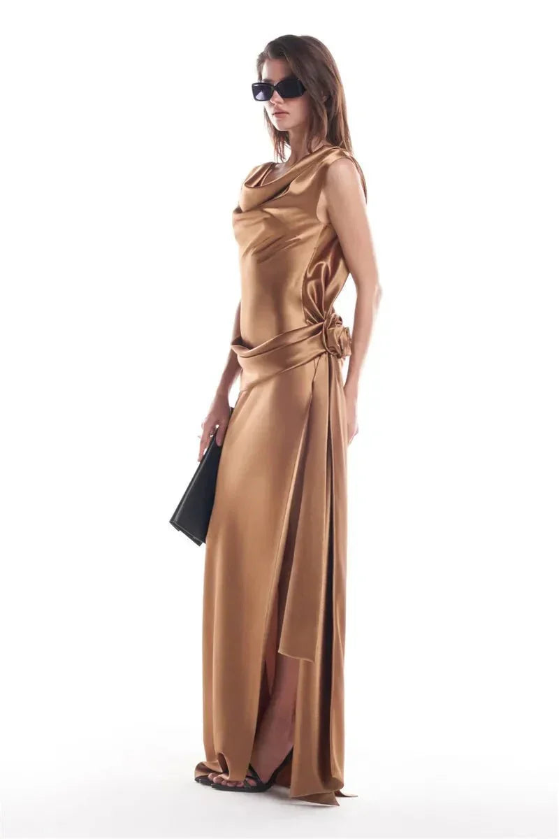 Backless Satin Draped Rosette Maxi Gown 13