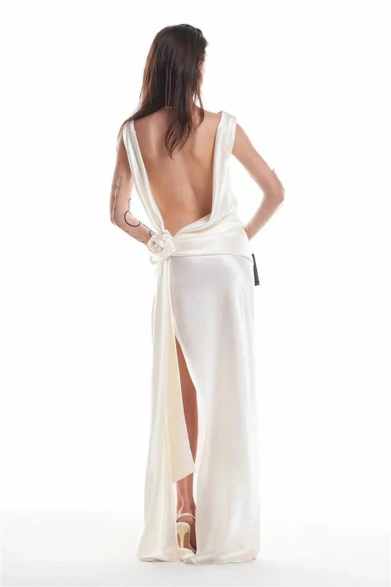 Backless Satin Draped Rosette Maxi Gown 11