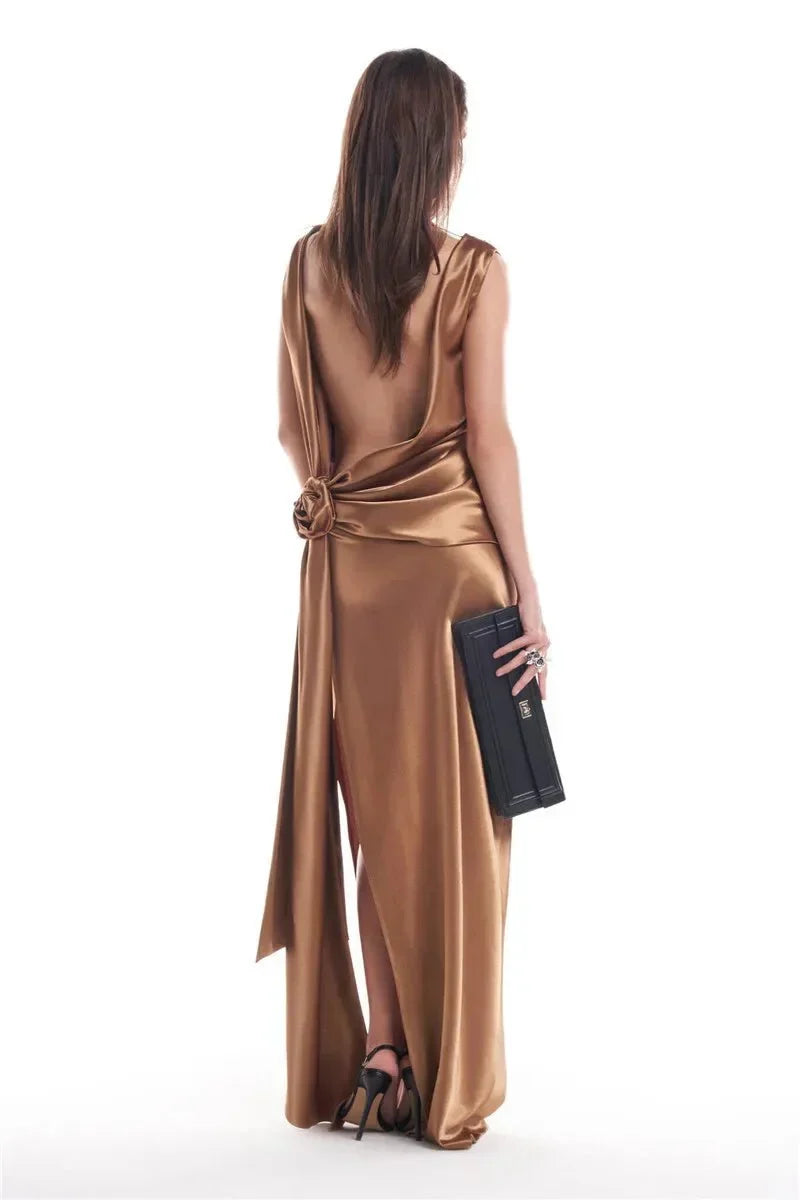 Backless Satin Draped Rosette Maxi Gown 12