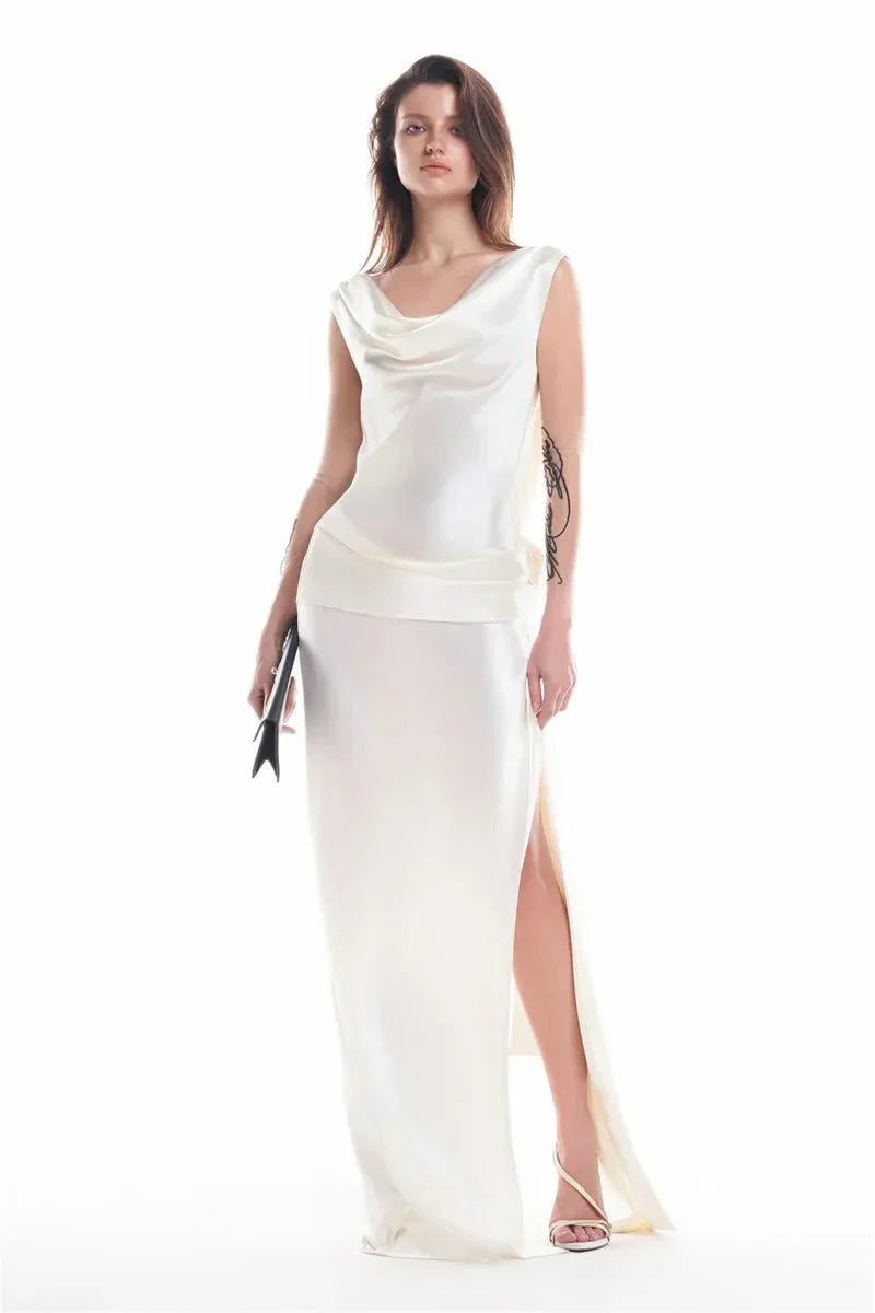 Backless Satin Draped Rosette Maxi Gown 8