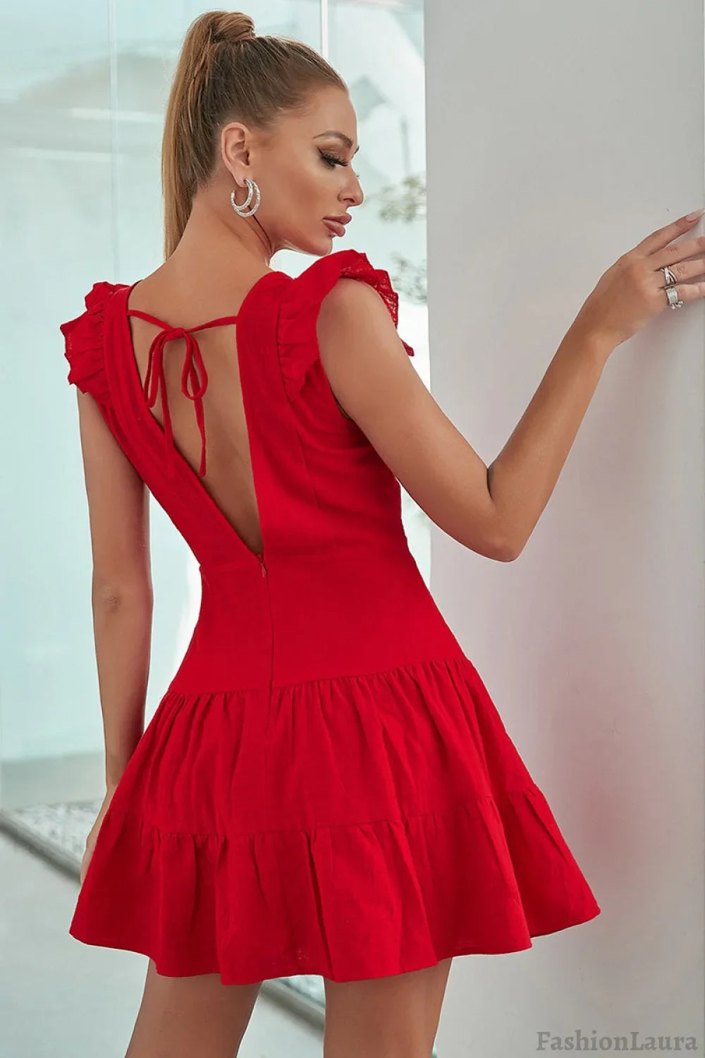 Backless High Waist Ruffle Cocktail Dress S / Red
