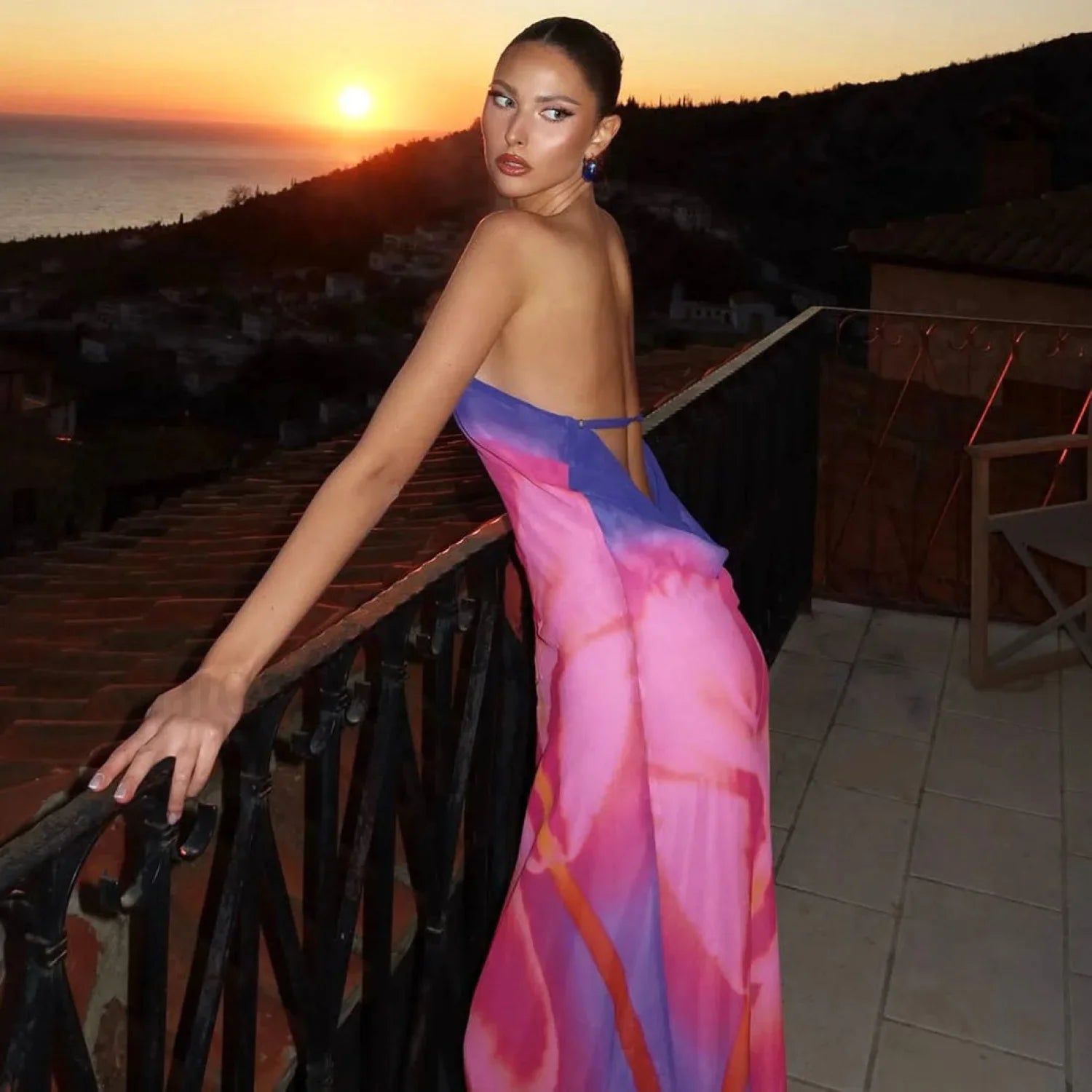 Backless Printed One-Shoulder Strappy Maxi Dress