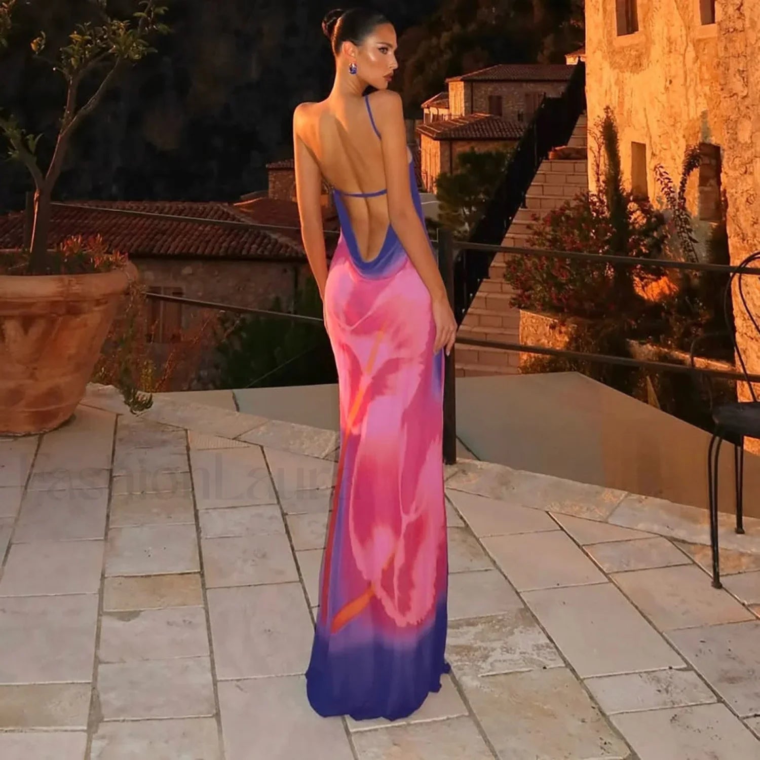 Backless Printed One-Shoulder Strappy Maxi Dress